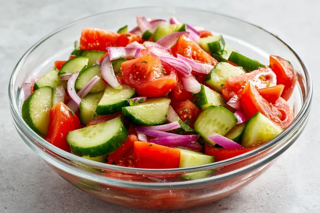 Fresh vegetables combined in a bowl for cucumber tomato salad