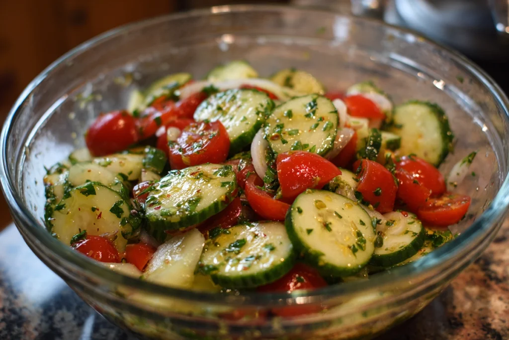 Lightly dressed cucumber tomato salad tossed in a glass bowl