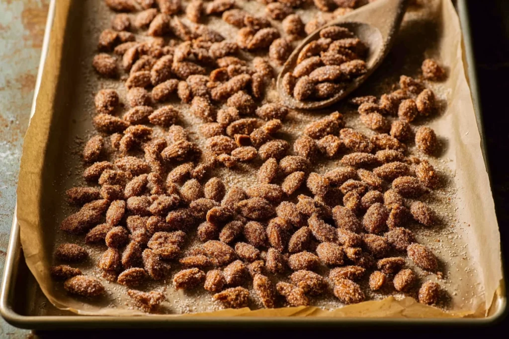 candied almonds baking on a sheet pan for easy candied almonds recipe