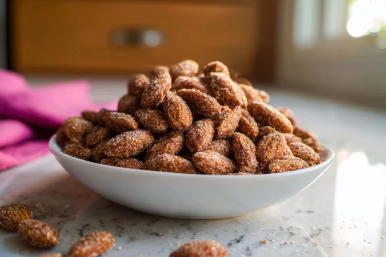 easy candied almonds on a ceramic plate in a cozy home kitchen