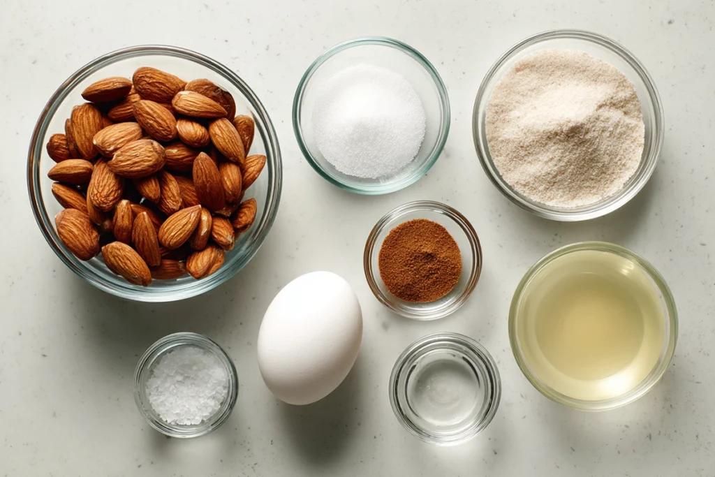 ingredients for easy candied almonds arranged on a kitchen counter