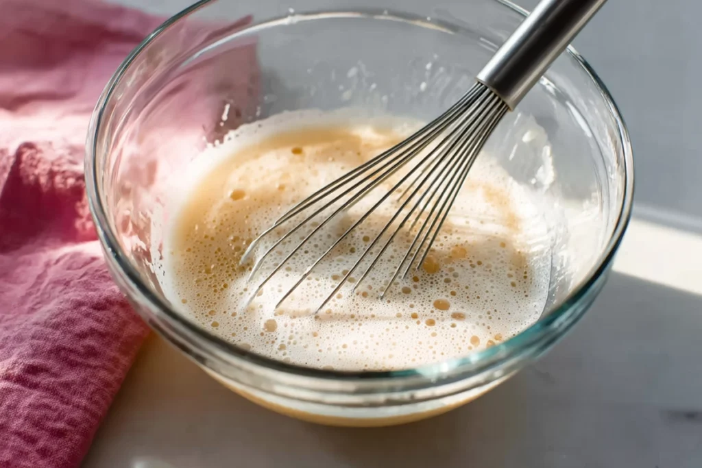 whisked egg white for easy candied almonds in a glass bowl