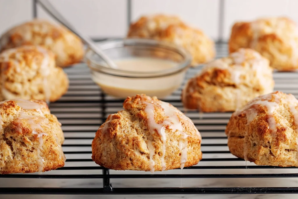 cinnamon scones cooling on wire rack with vanilla glaze being drizzled beside a bowl of glaze