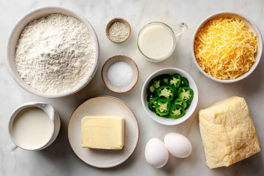 Ingredients for jalapeño cheese bread recipe arranged on marble counter
