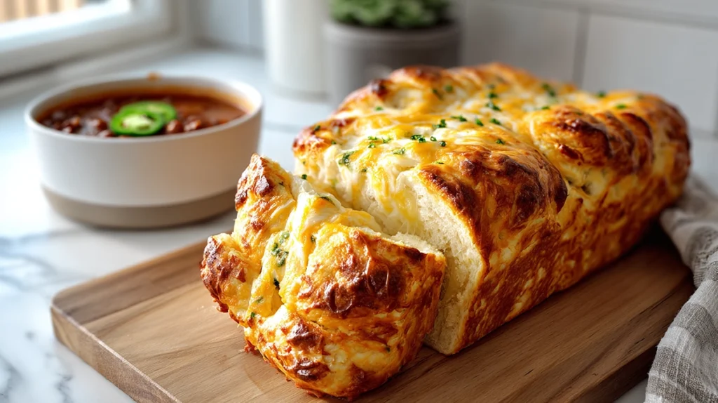 Sliced jalapeño cheese bread recipe served with chili