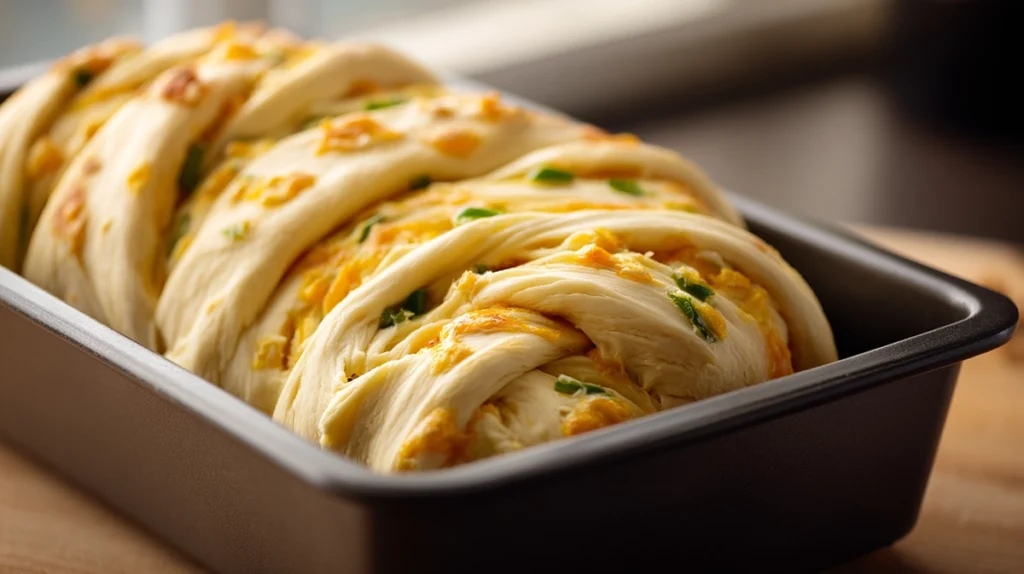 Braiding jalapeño cheese bread dough with exposed cheese filling