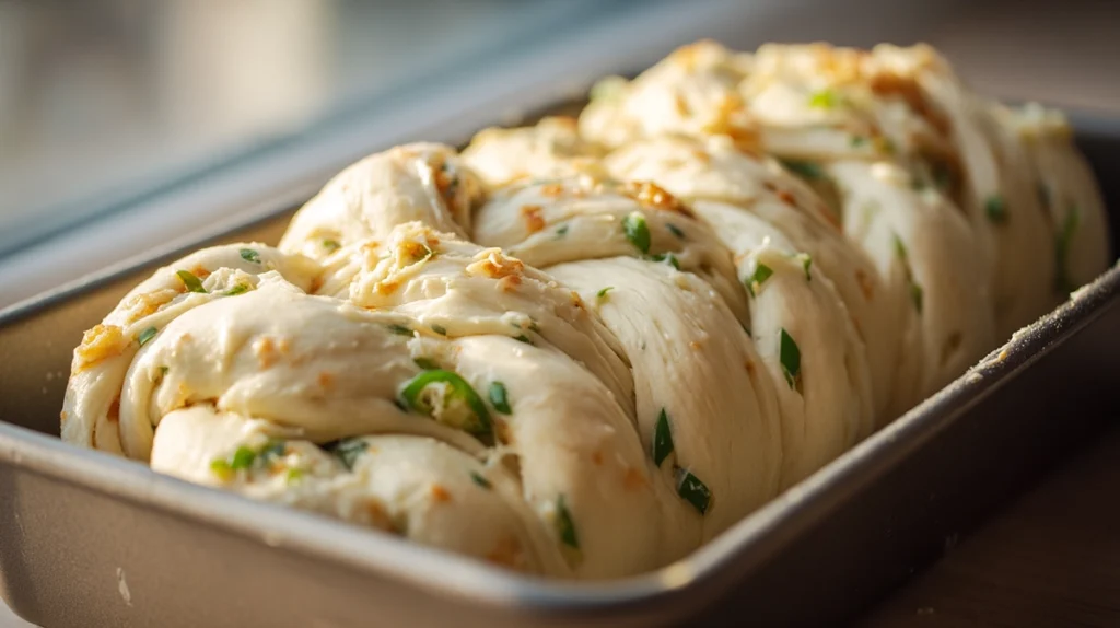 Proofed jalapeño cheese bread dough ready for baking