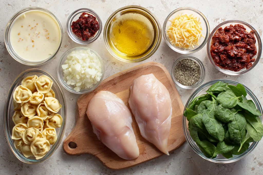 ingredients for marry me chicken soup arranged neatly on a kitchen counter