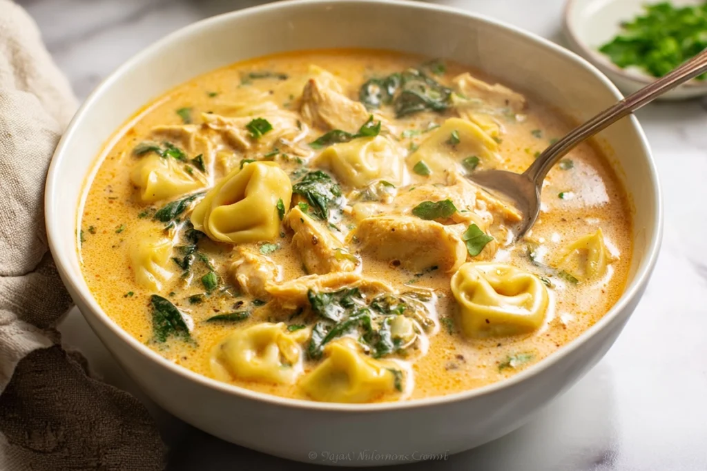 spoonful of marry me chicken soup showing creamy texture and chicken