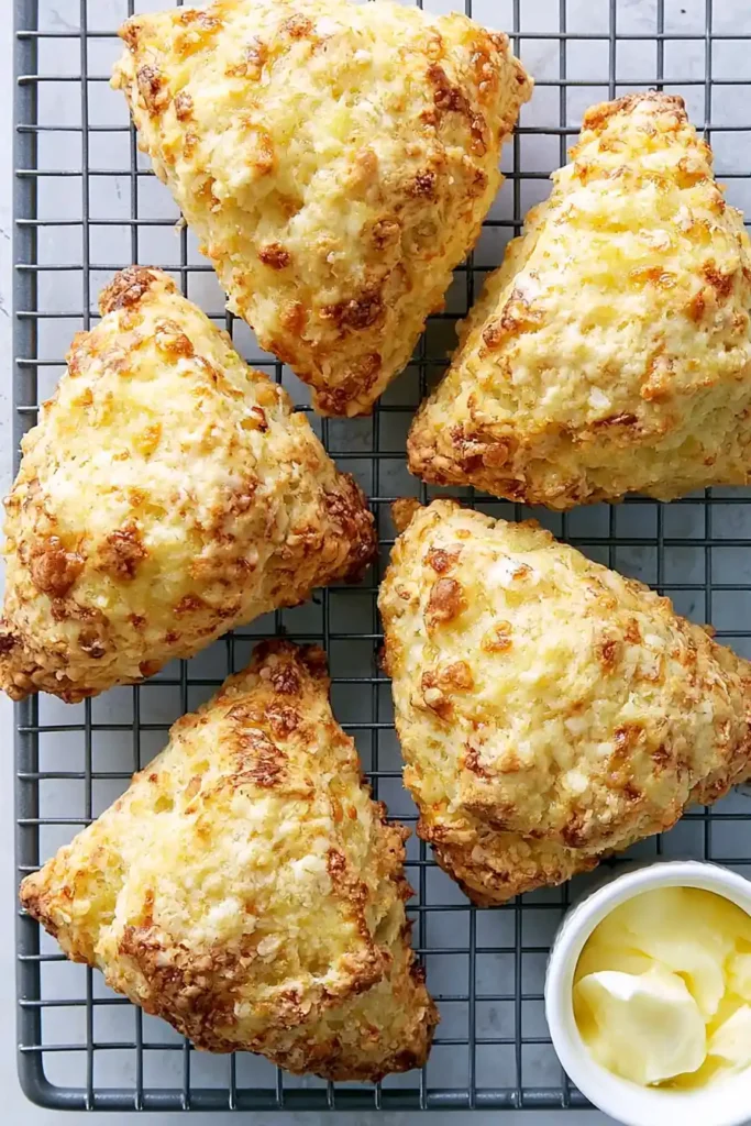 Perfect Scones with Tender Centers and Flaky Layers 5 Perfect Scones cooling on a rack with butter and berry jam