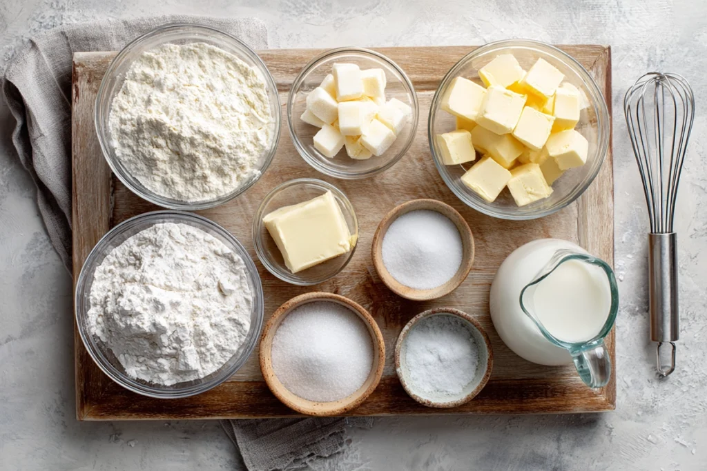 Fluffy, Buttery Scones: The Only Scone Recipe You’ll Ever Need 2 Overhead shot of ingredients for fluffy buttery scones arranged on a wooden board