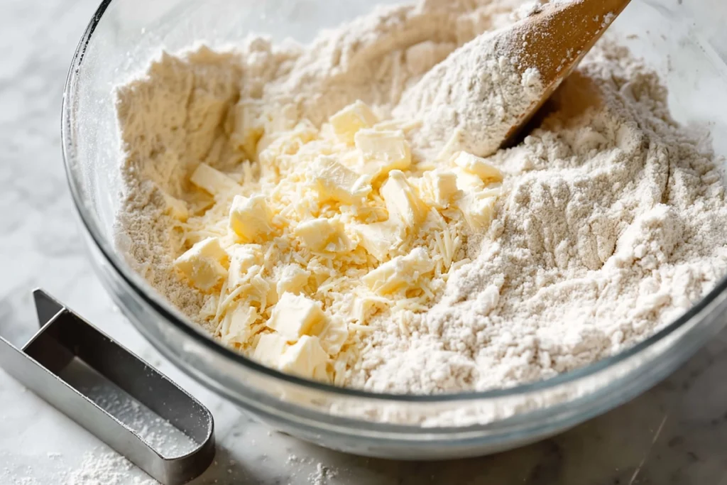 Butter being mixed into flour for a homemade scones recipe