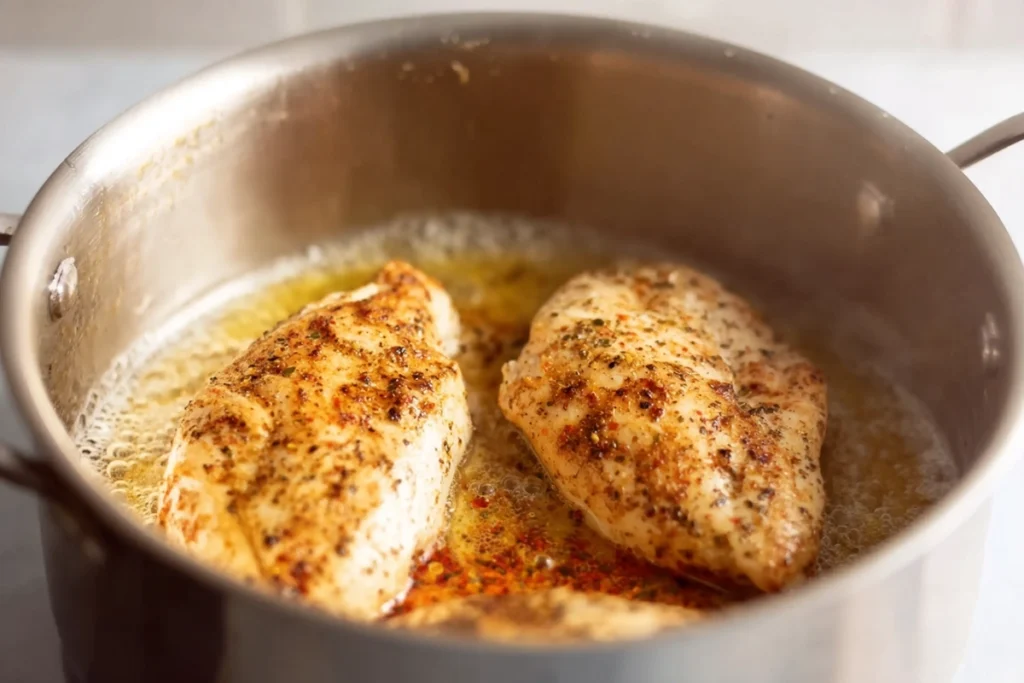chicken breasts searing in a pot for marry me chicken soup