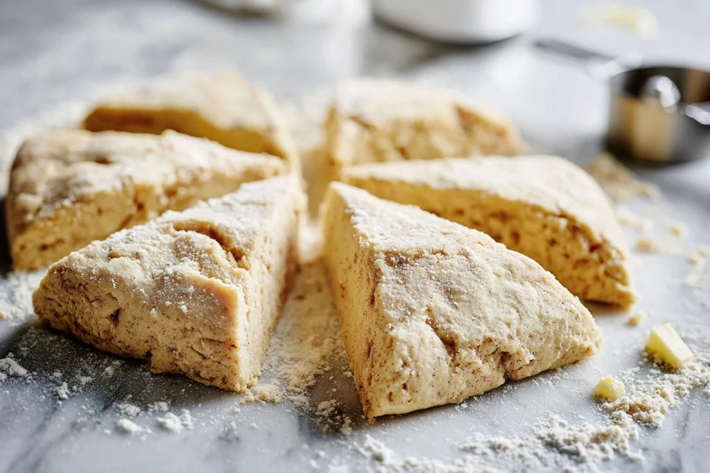 freshly cut cinnamon scone dough triangles on marble counter in natural light