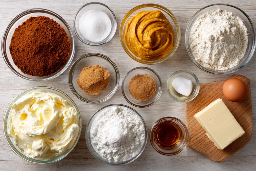 Ingredients for soft pumpkin cookies recipe arranged overhead
