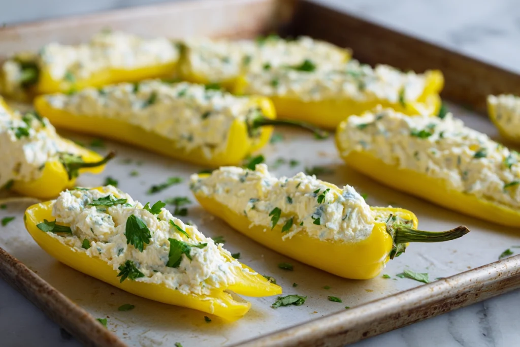 cheesy stuffed banana peppers filled with creamy cheese before baking