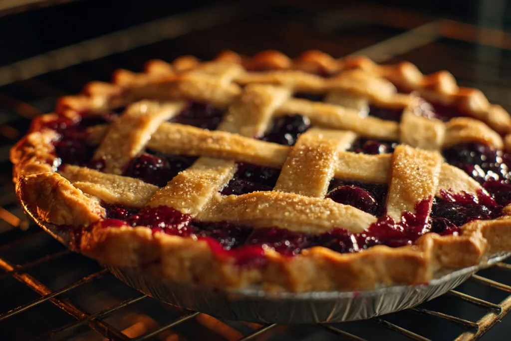 Wild huckleberry pie bubbling through lattice crust while baking
