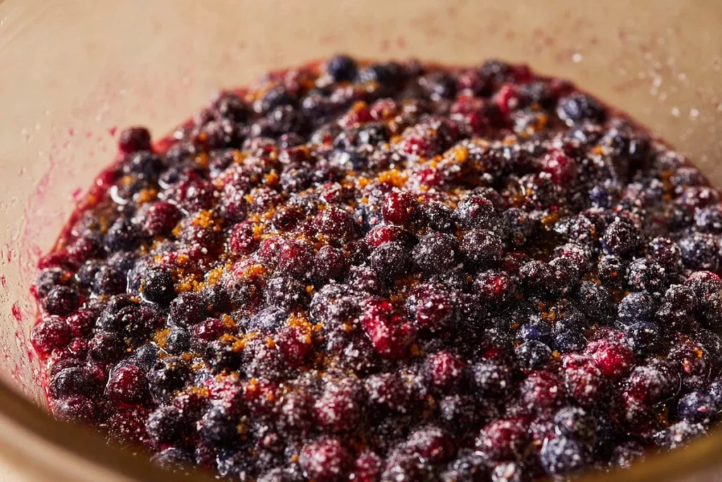 Wild huckleberry pie filling resting in a glass bowl