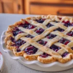 Wild huckleberry pie with golden lattice crust on a ceramic plate