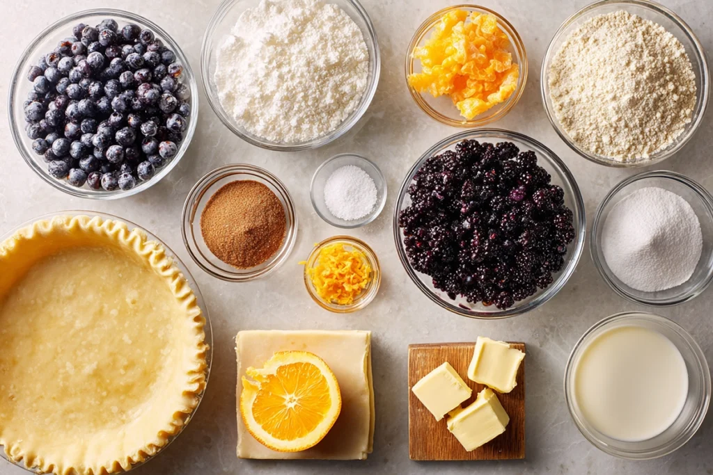 Ingredients for wild huckleberry pie arranged on a kitchen counter