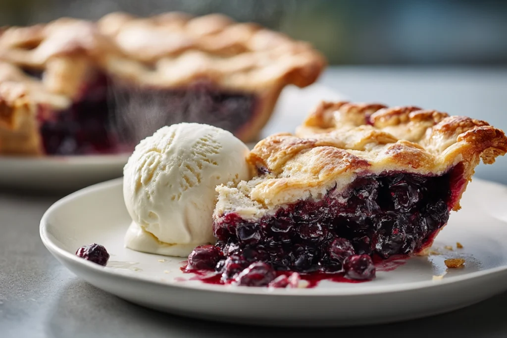 Slice of wild huckleberry pie served warm with vanilla ice cream