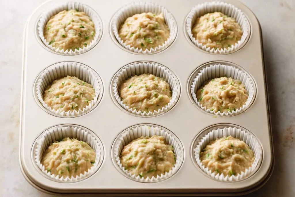 zucchini muffins recipe batter portioned into muffin liners