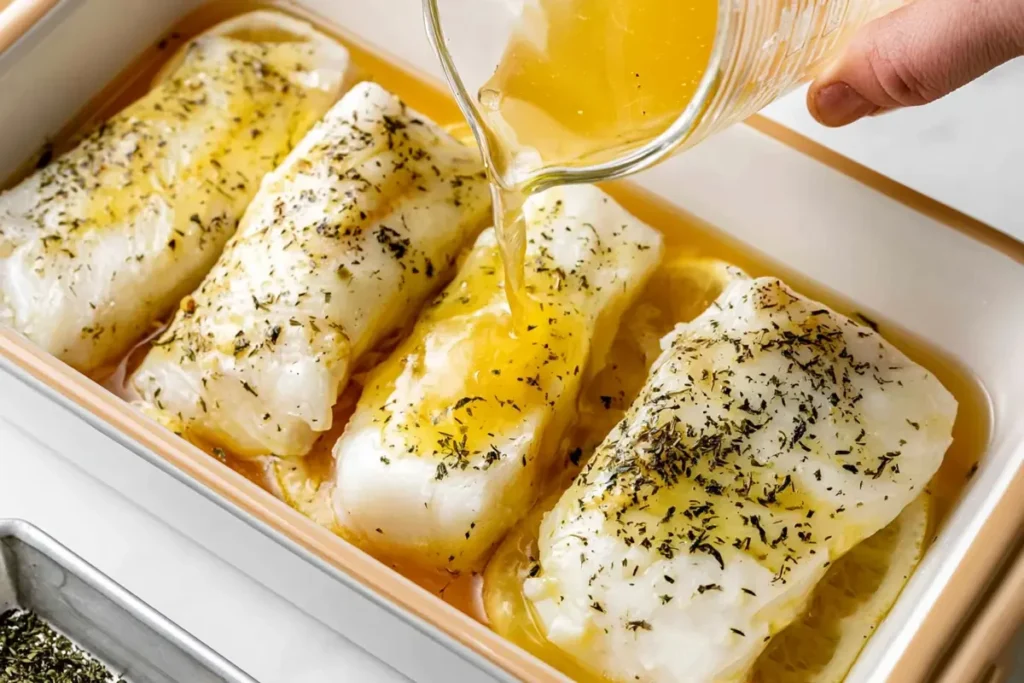 Lemon Garlic Butter Cod for an Easy 30-Minute Dinner 8 Seasoned lemon garlic butter cod arranged over lemon slices before baking