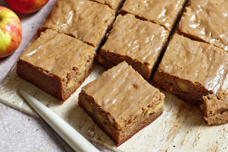apple brownies with maple glaze plated in a cozy home kitchen