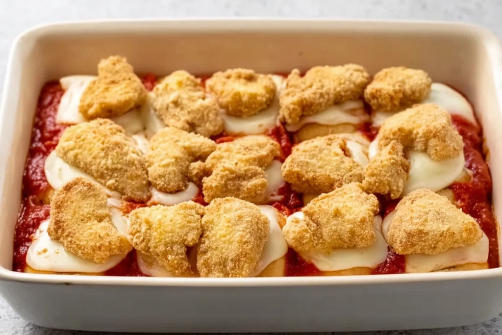 Layering chicken parmesan sliders with sauce cheese and chicken before baking