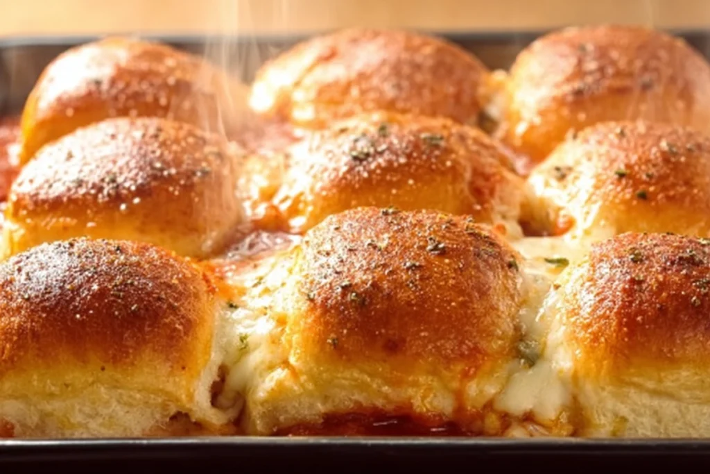 Baked chicken parmesan sliders with melted cheese and golden tops
