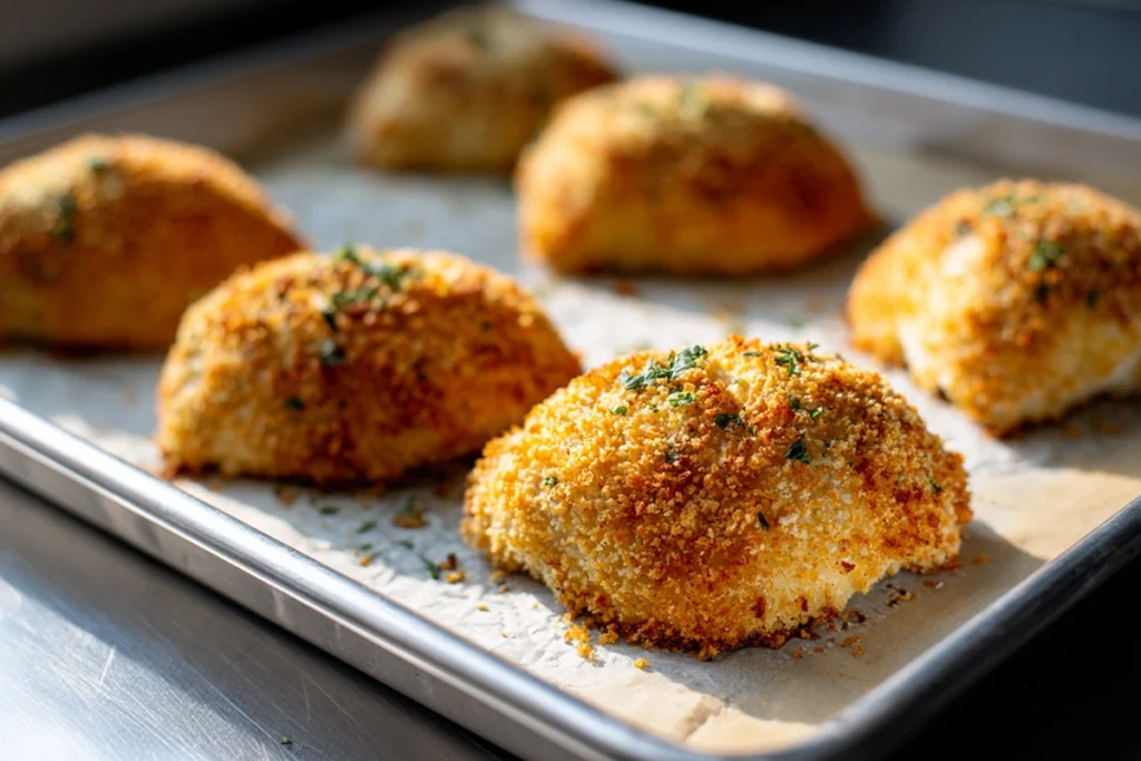 baked chicken pillows golden and crisp on baking sheet