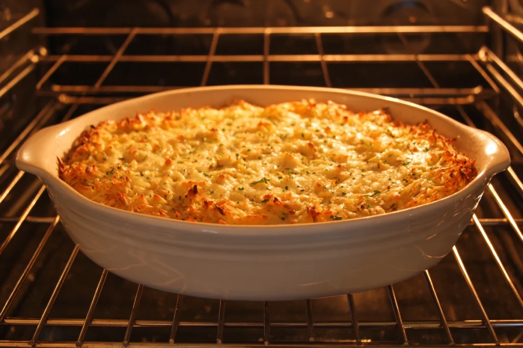 Chicken wild rice casserole baking until lightly golden and creamy