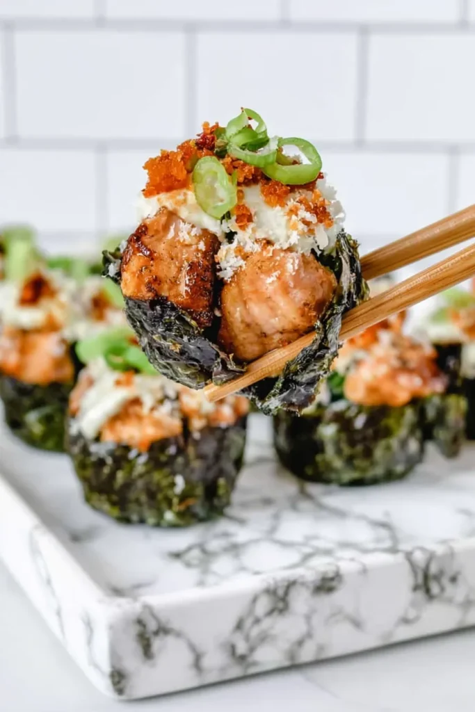 Baked Salmon Sushi Cups with Spicy Kewpie Mayo 8 Close-up Baked Salmon Sushi Cup with sturdy nori, tender salmon, and crisp edges