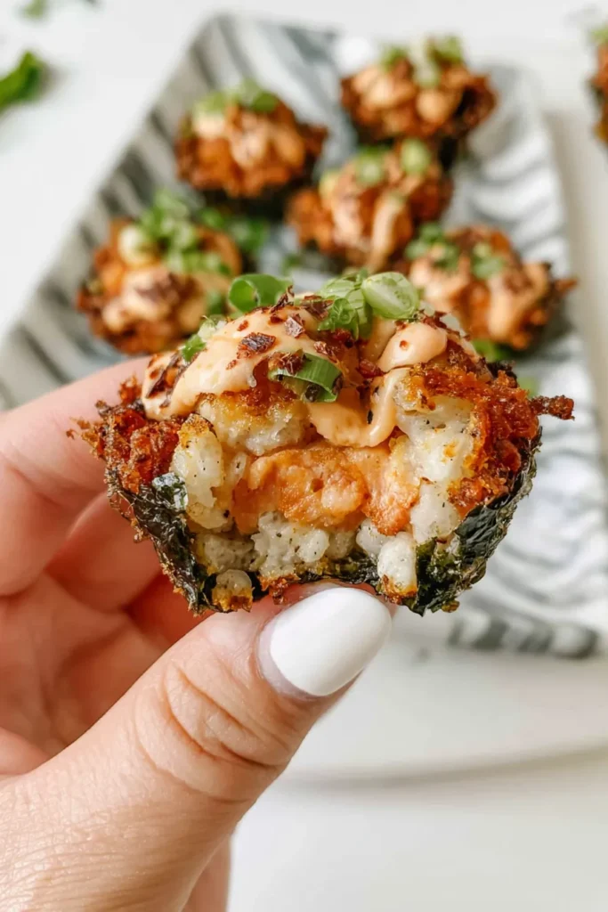 Baked Salmon Sushi Cups with Spicy Kewpie Mayo 9 Cut-open Baked Salmon Sushi Cup showing rice, tender salmon, nori, and crunchy topping