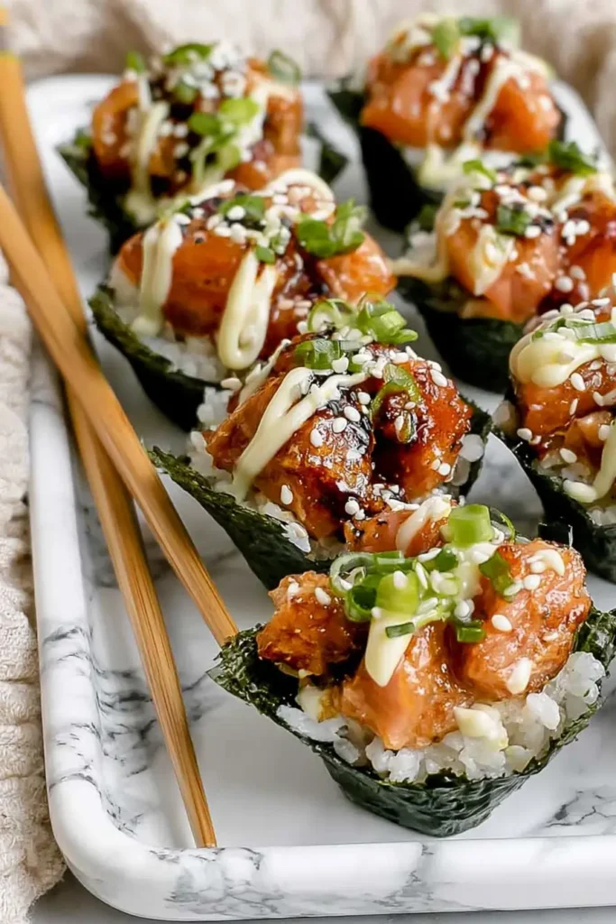 Baked Salmon Sushi Cups with Spicy Kewpie Mayo 7 Finished Baked Salmon Sushi Cups with Kewpie mayo, green onions, sesame seeds, and chili crunch