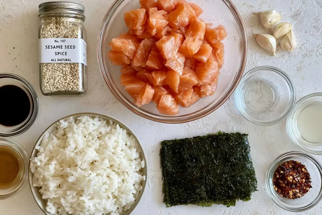 Baked Salmon Sushi Cups with Spicy Kewpie Mayo 2 Baked Salmon Sushi Cups ingredients with salmon, sushi rice, nori, soy sauce, garlic, and seasonings