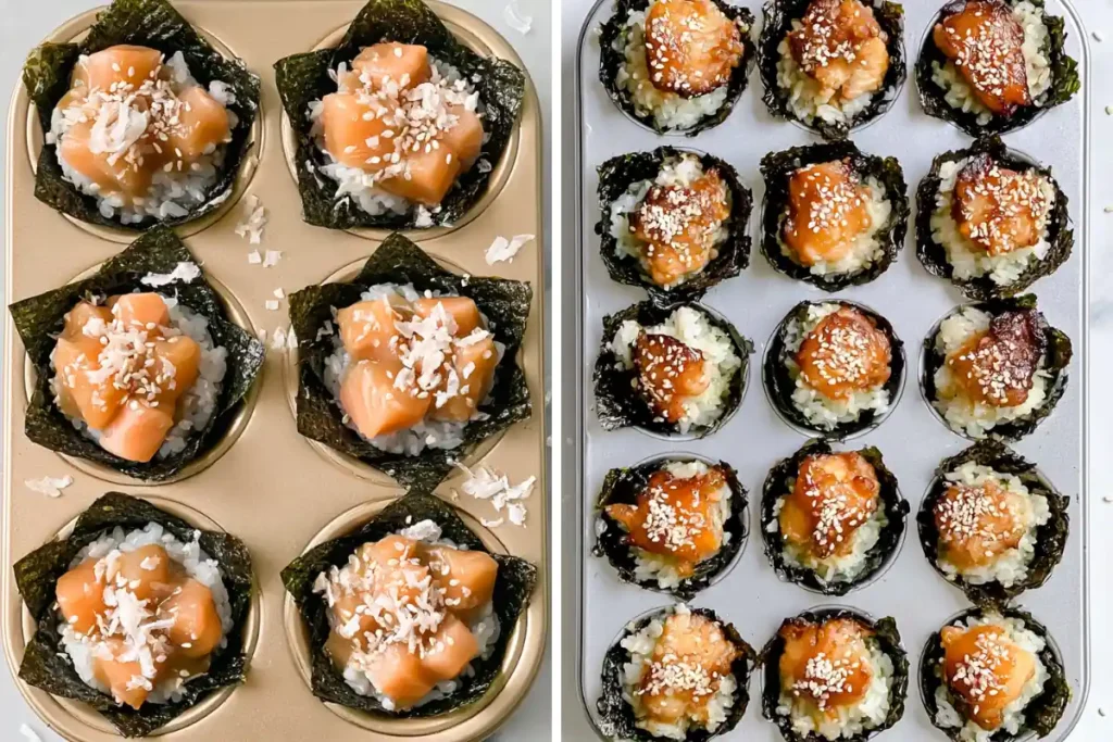 Baked Salmon Sushi Cups with Spicy Kewpie Mayo 6 Baked Salmon Sushi Cups topped with panko bread crumbs and ready for the oven