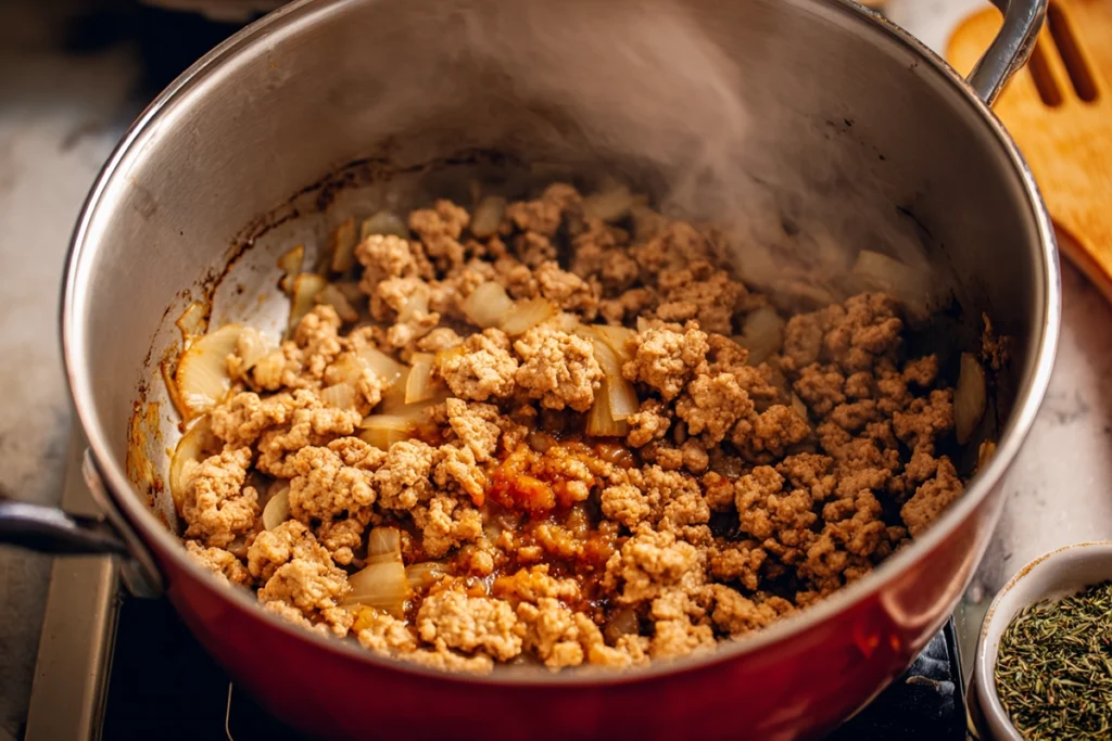 Italian Sausage and Potato Soup That Feels Like Home 8 Browning Italian sausage with onion and garlic for Italian sausage and potato soup