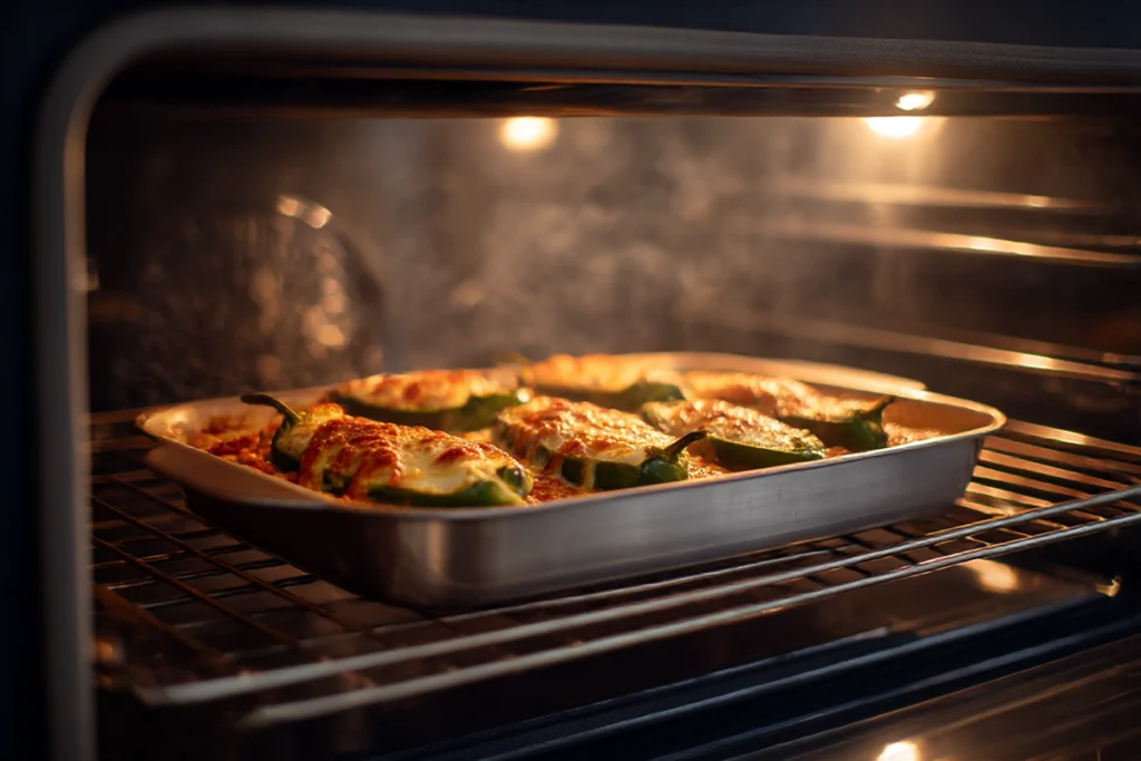 Cheese Filled Banana Peppers: A Melted, Tangy Crowd-Pleaser You’ll Make Again and Again 9 cheese filled banana peppersClose-Up Baking in the Oven