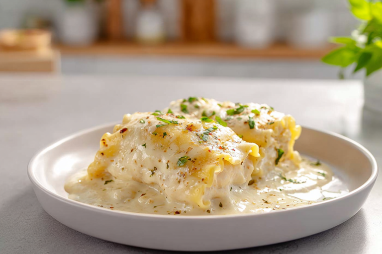 Chicken alfredo lasagna rolls served on a modern ceramic plate in a cozy home kitchen