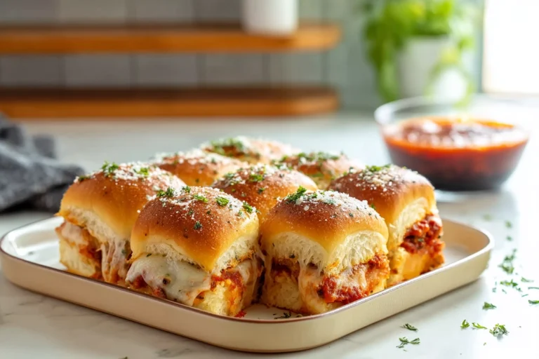 Finished chicken parmesan sliders plated on a ceramic dish in a cozy home kitchen