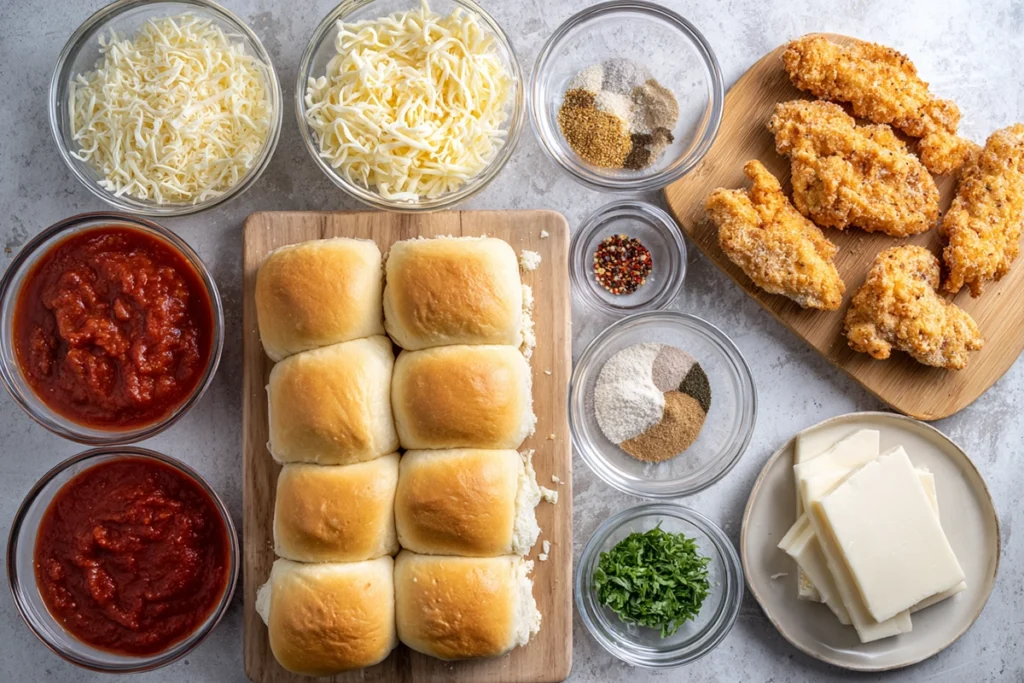 Ingredients for chicken parmesan sliders arranged overhead in a modern kitchen