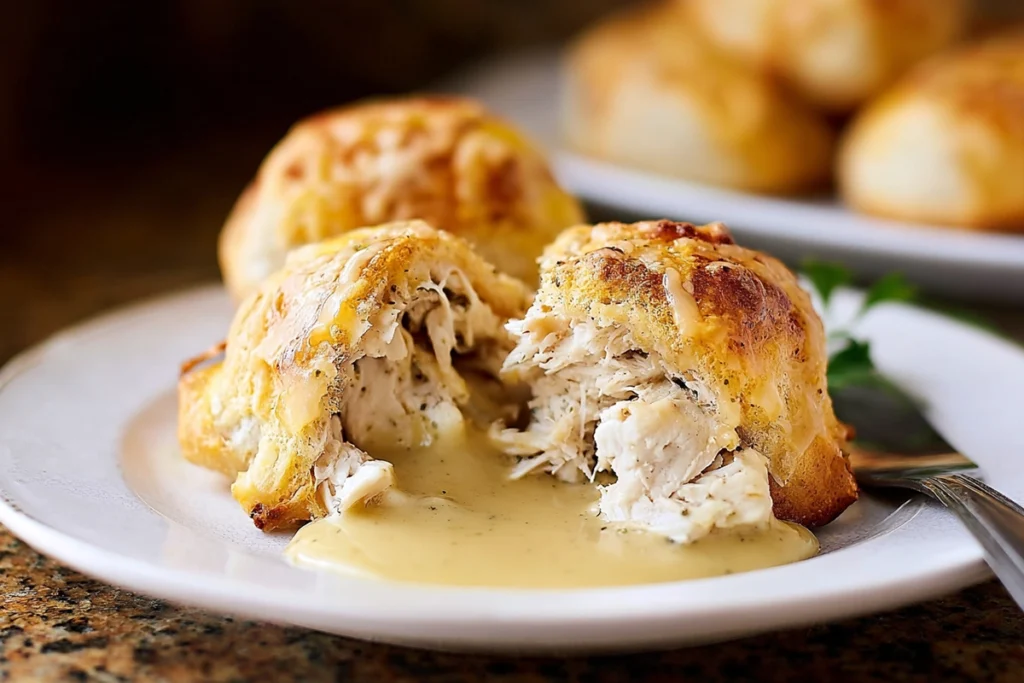 chicken pillows cut open showing creamy filling