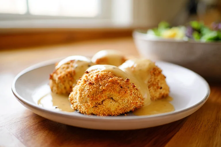 chicken pillows plated with creamy gravy on a modern ceramic plate