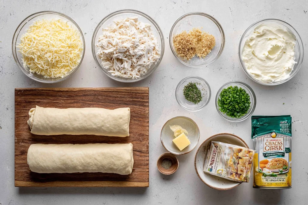 ingredients for chicken pillows arranged neatly in glass bowls