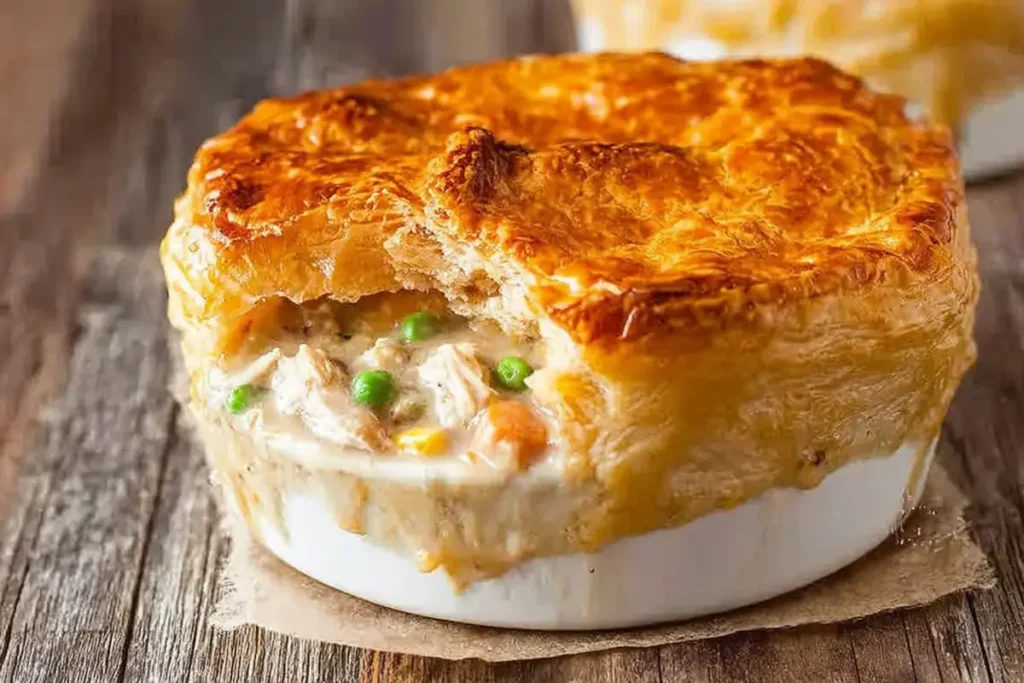 slice of chicken pot pie served with flaky crust and creamy filling holding its shape