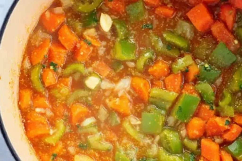 onions carrots and celery sautéing for chicken pot pie filling in a skillet