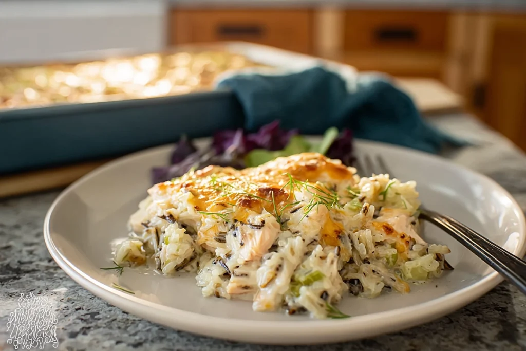 Chicken wild rice casserole served warm and creamy straight from the dish