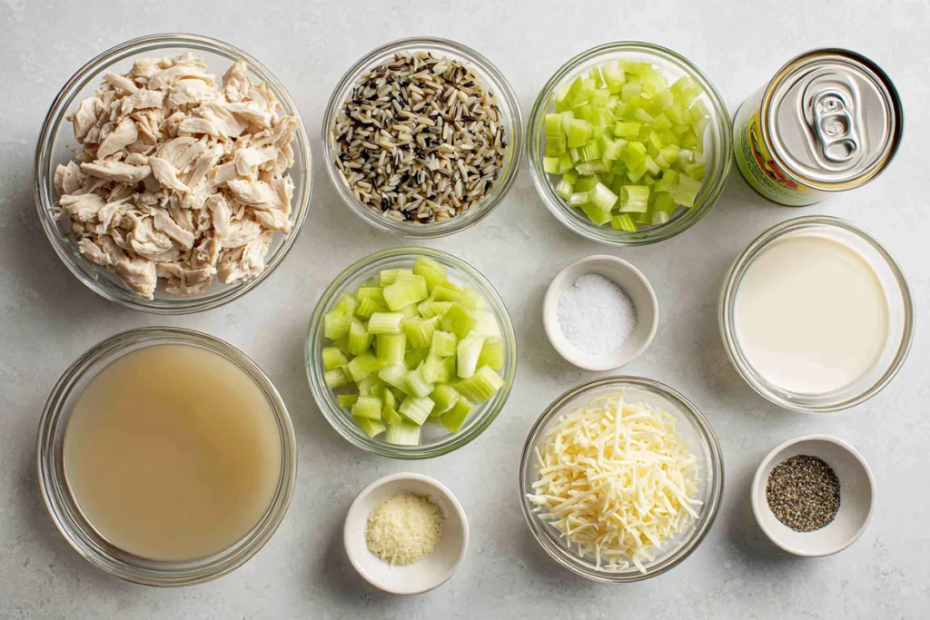 Ingredients for chicken wild rice casserole arranged neatly on a kitchen counter