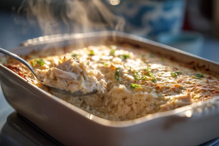 Chicken wild rice casserole plated warm and creamy in a modern home kitchen